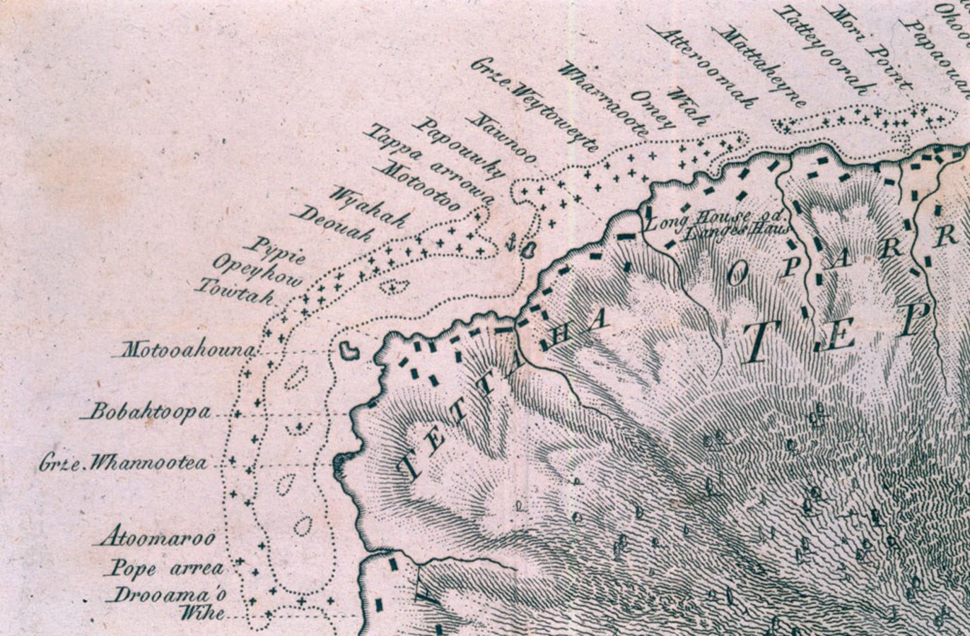 <p>Carte établie par le capitaine Wilson à bord du Duff . C’est la première sur laquelle figure le futur site de Pape’ete sous le nom de Nawnoo.</p>