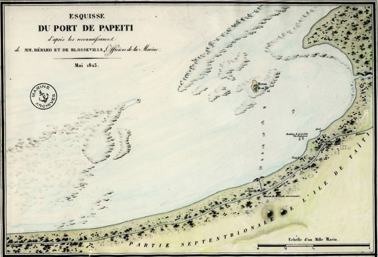 <p>Papeete ou plutôt Hope Town en 1823, dessinée par un officier de la Coquille, commandant Duperrey ; Cette carte montre une occupation de la baie partagée exclusivement entre la famille royale et les missionnaires protestants</p>