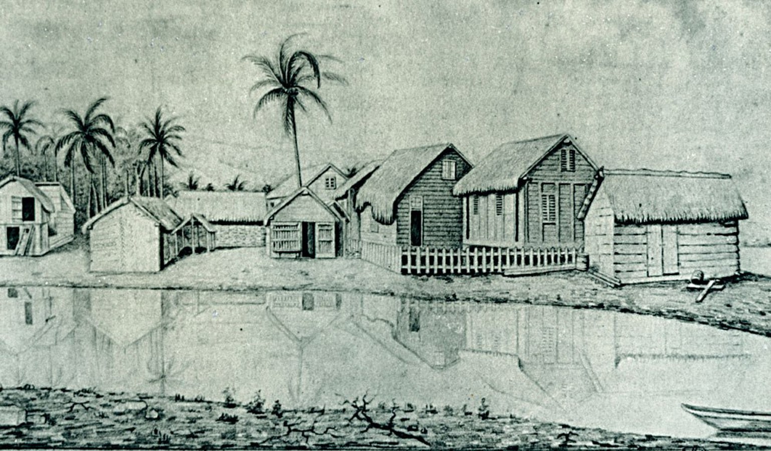 <p>Au début de l’installation française, les constructions étaient en bois. Sur ce dessin anonyme figurent les bâtiments que l’on apercevait lorsqu’on était juché sur l’imposante boulangerie militaire</p>